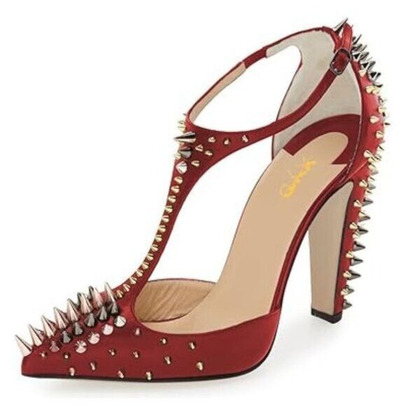 XYD Women's Fashion Rivets T-Strap Chunky Pumps Closed Pointed Toe Spikes - Picture 1 of 8